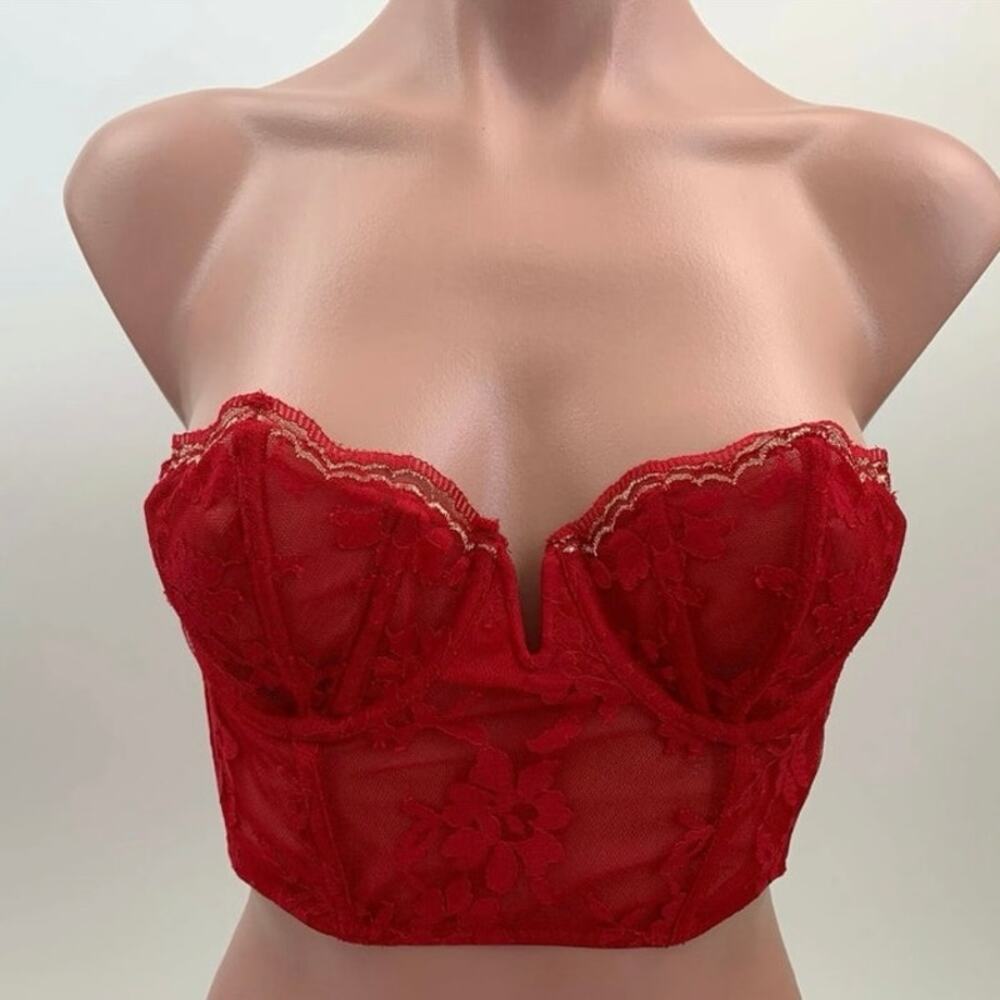 Victorias Secret Dream Angels Cropped Strapless Corset Coquette Lace Red 32DD